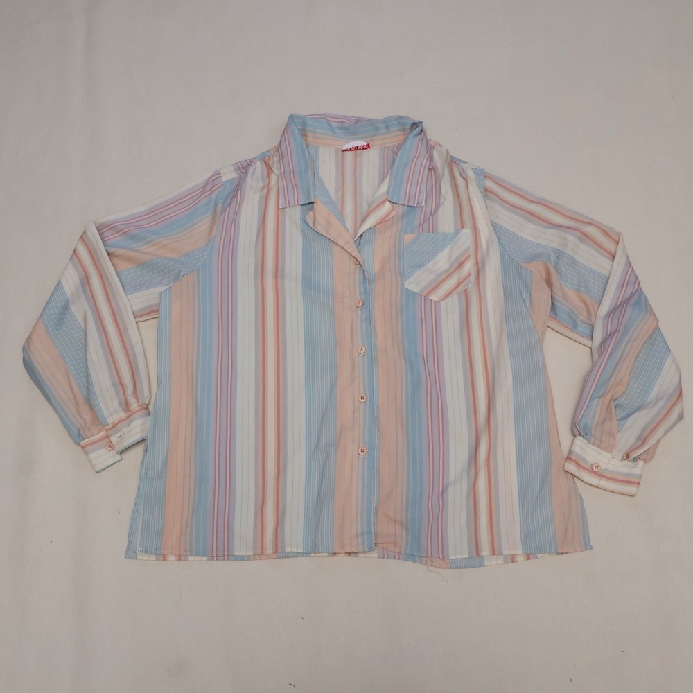 Laura Mae Womens Pastel Striped Button Up Blouse Long Sleeve Vintage 70s Shirt L